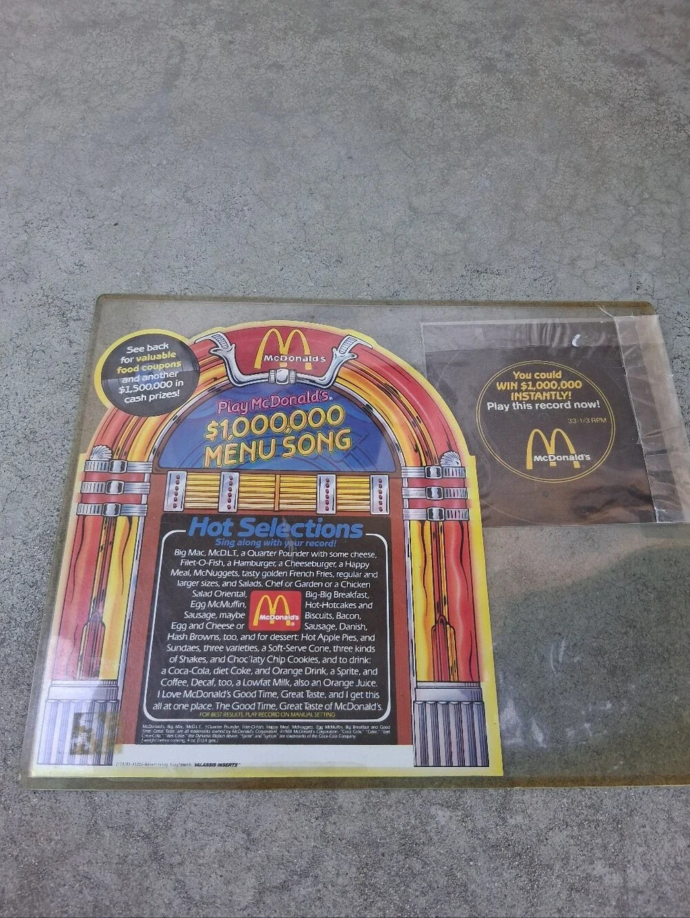 McDonald's Yellow & Red Jukebox-Style $1,000,000 Menu Song Record